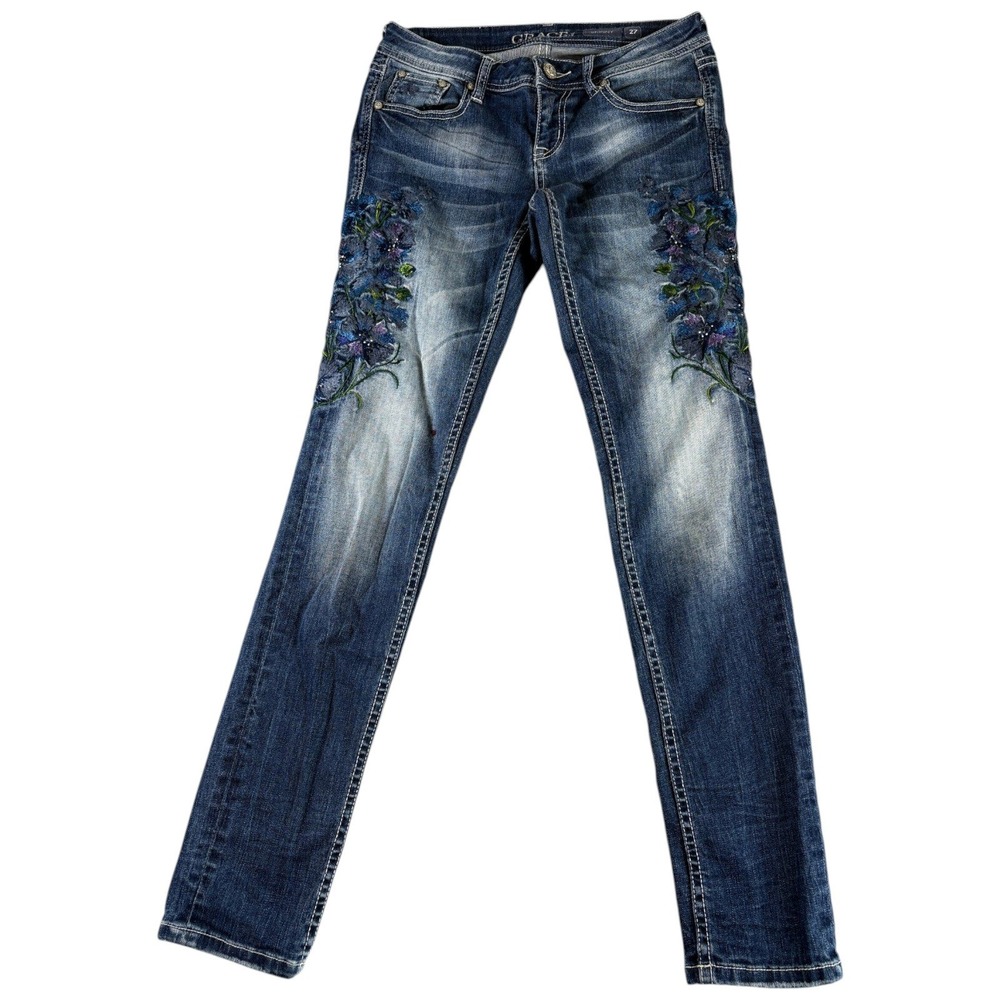 Grace in LA Skinny Jeans Womens 27 Blue Floral Embroidered Y2K Midrise Washed